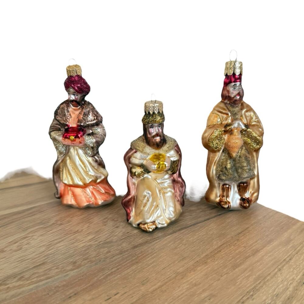Vintage Hand‎ Painted Blown Glass Ornament Set Of 3 Wise Men, Christmas EUC
